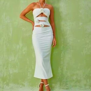 White Halterneck Cutout Flower Maxi Dress